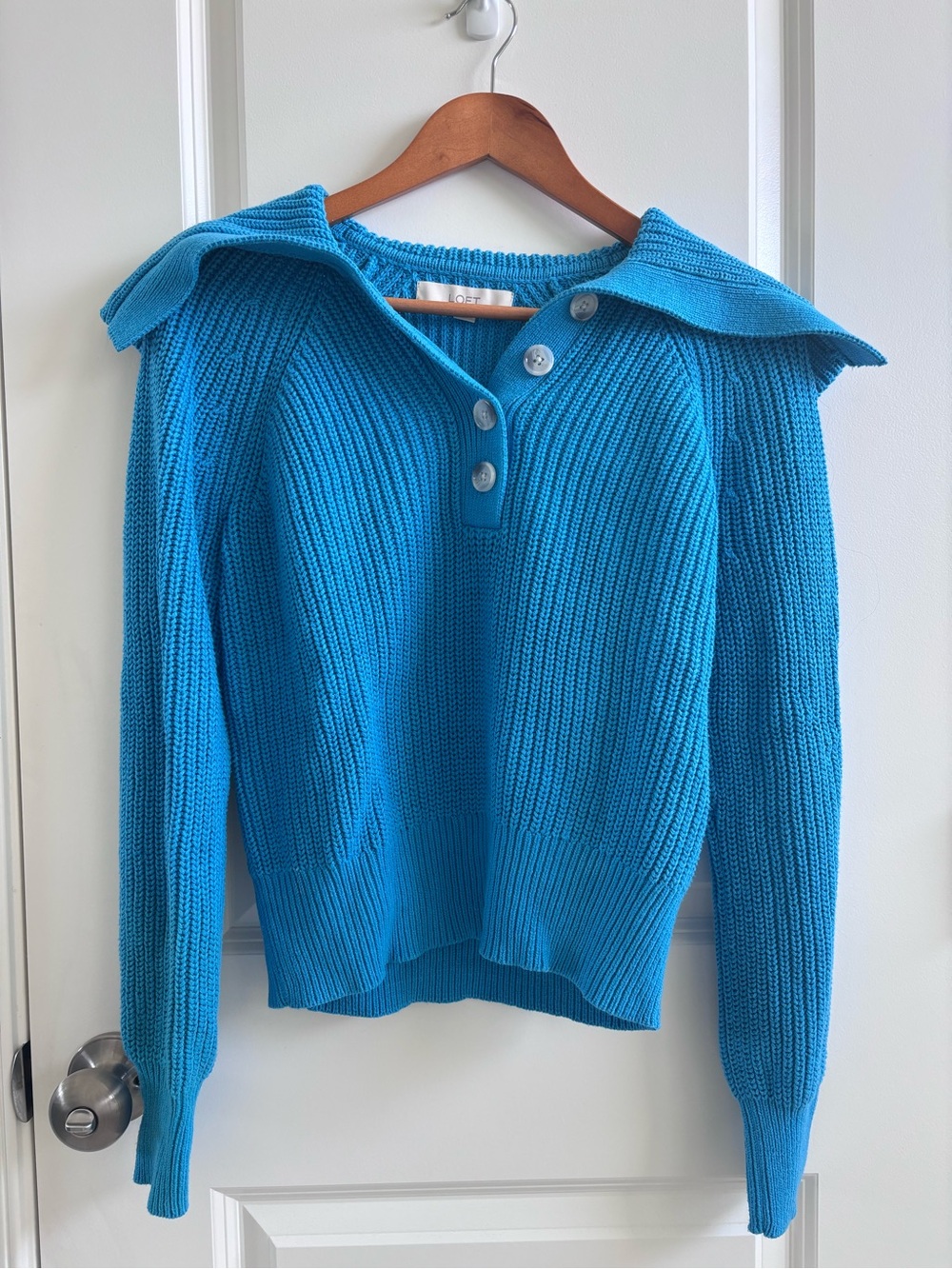 LOFT Bright Blue Button-Collar Ribbed Sweater